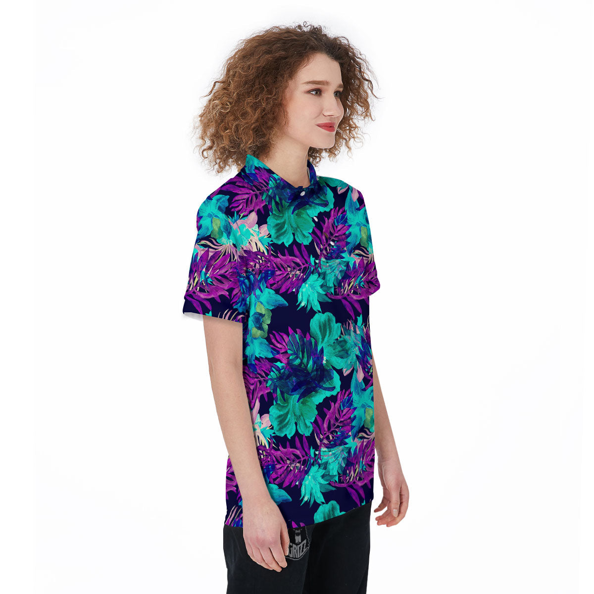 Leaf Green And Purple Print Pattern Women's Golf Shirts-grizzshop