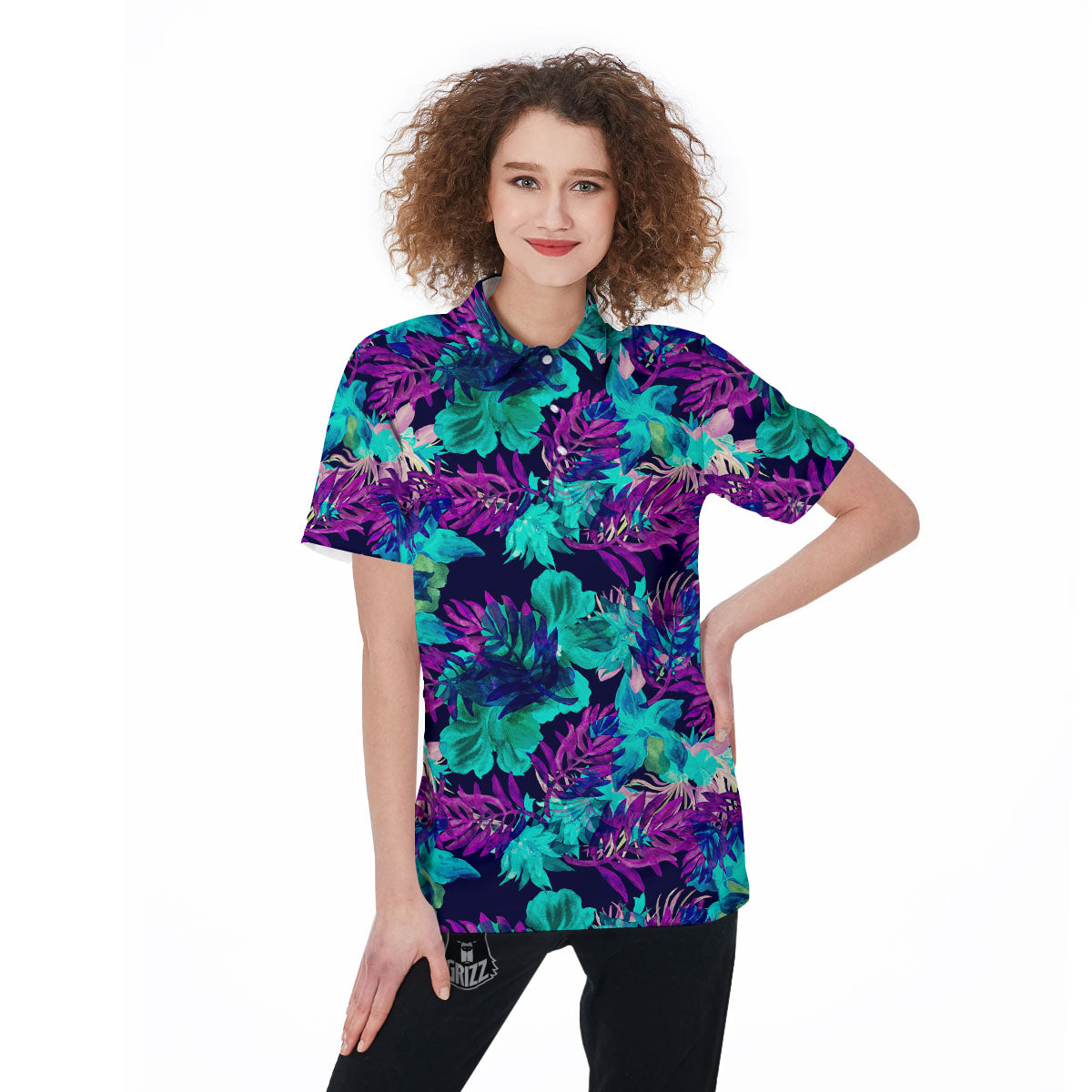 Leaf Green And Purple Print Pattern Women's Golf Shirts-grizzshop