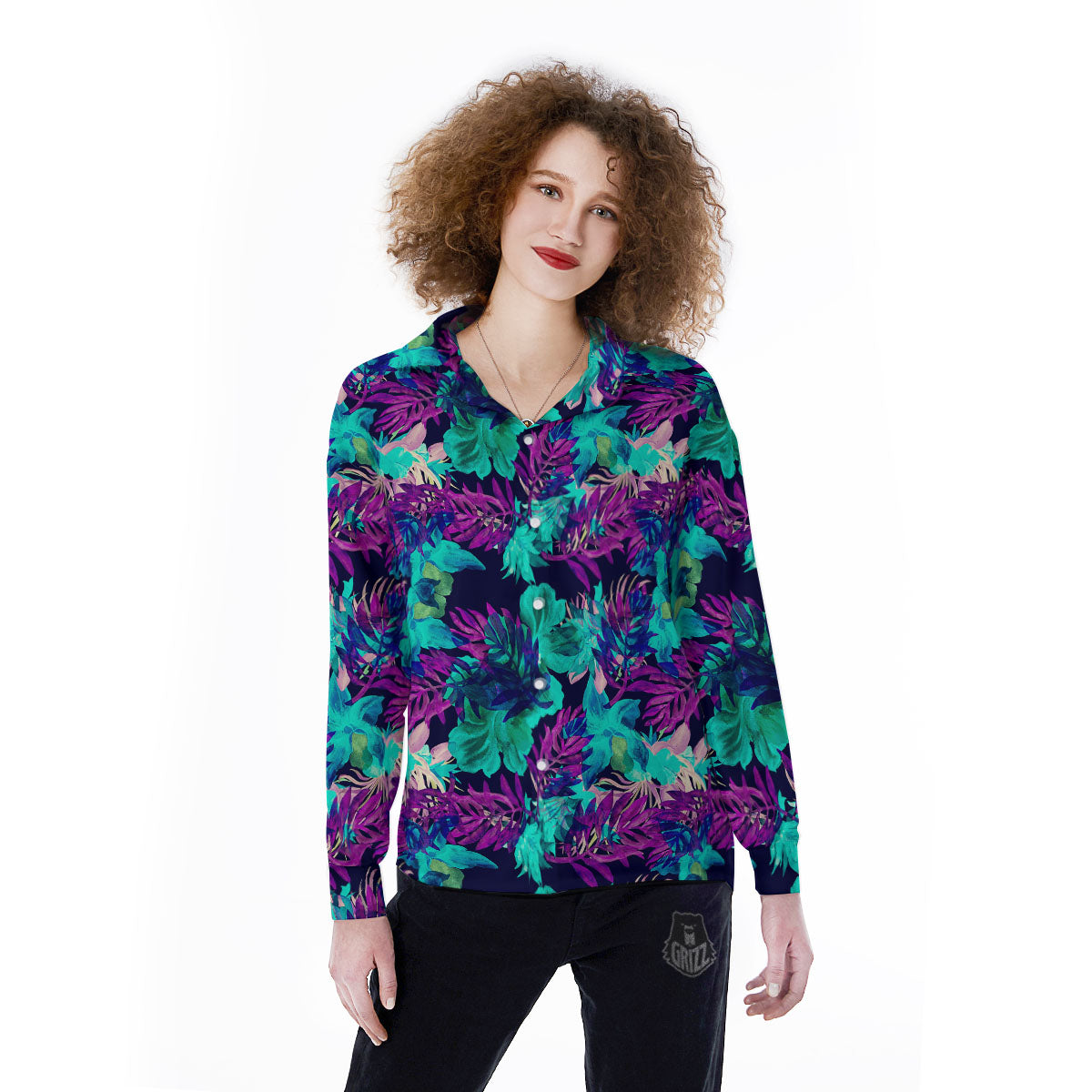Leaf Green And Purple Print Pattern Women's Long Sleeve Shirts-grizzshop
