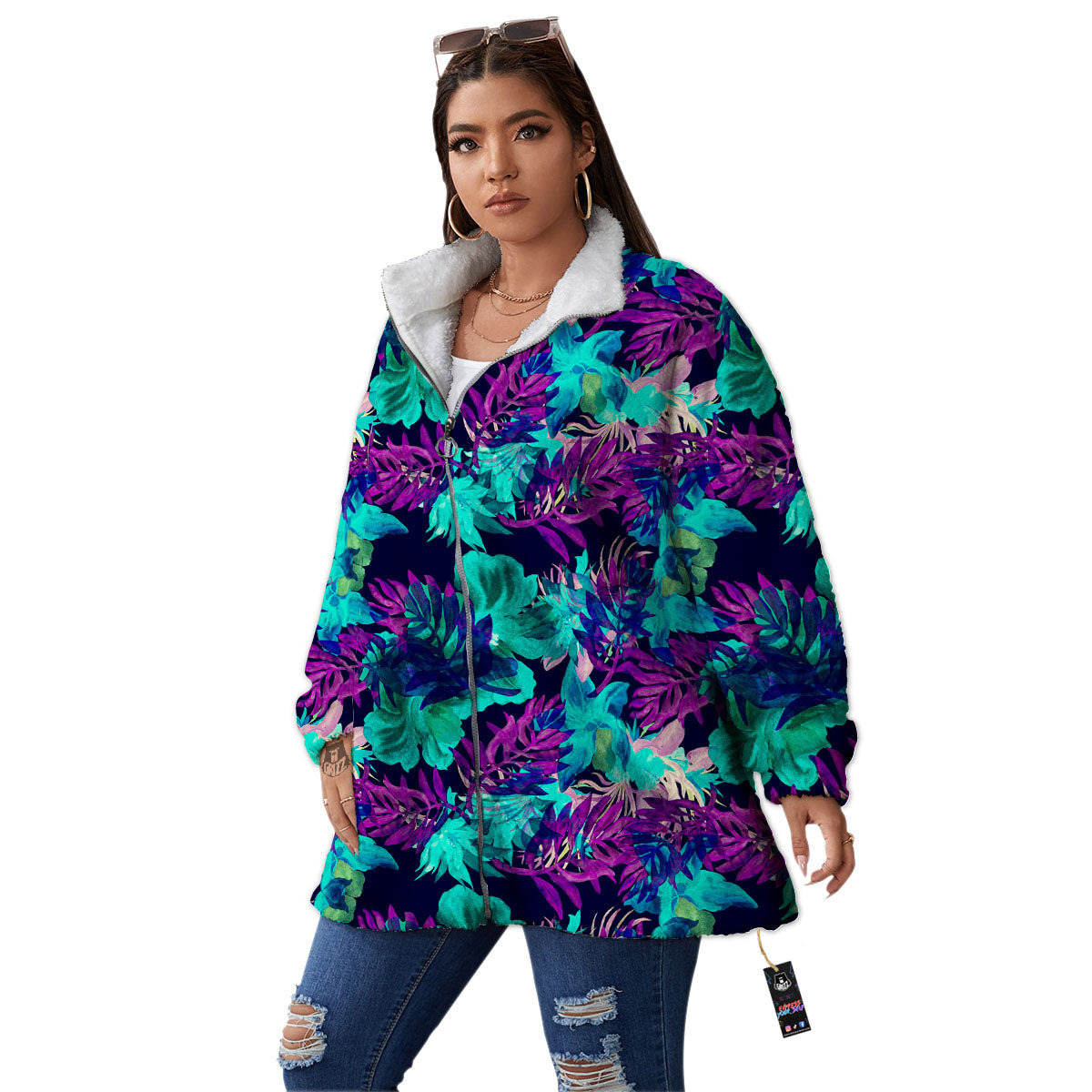 Leaf Green And Purple Print Pattern Women's Sherpa Jacket-grizzshop