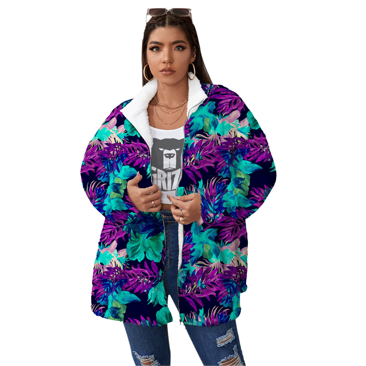 Leaf Green And Purple Print Pattern Women's Sherpa Jacket-grizzshop