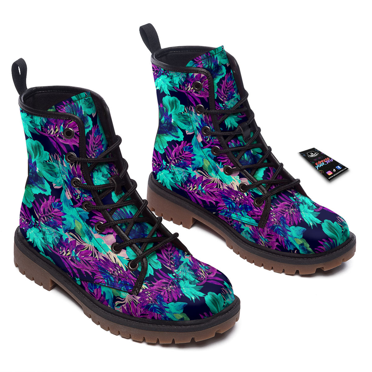 Leaf Green And Purple Print Pattern Work Boots-grizzshop