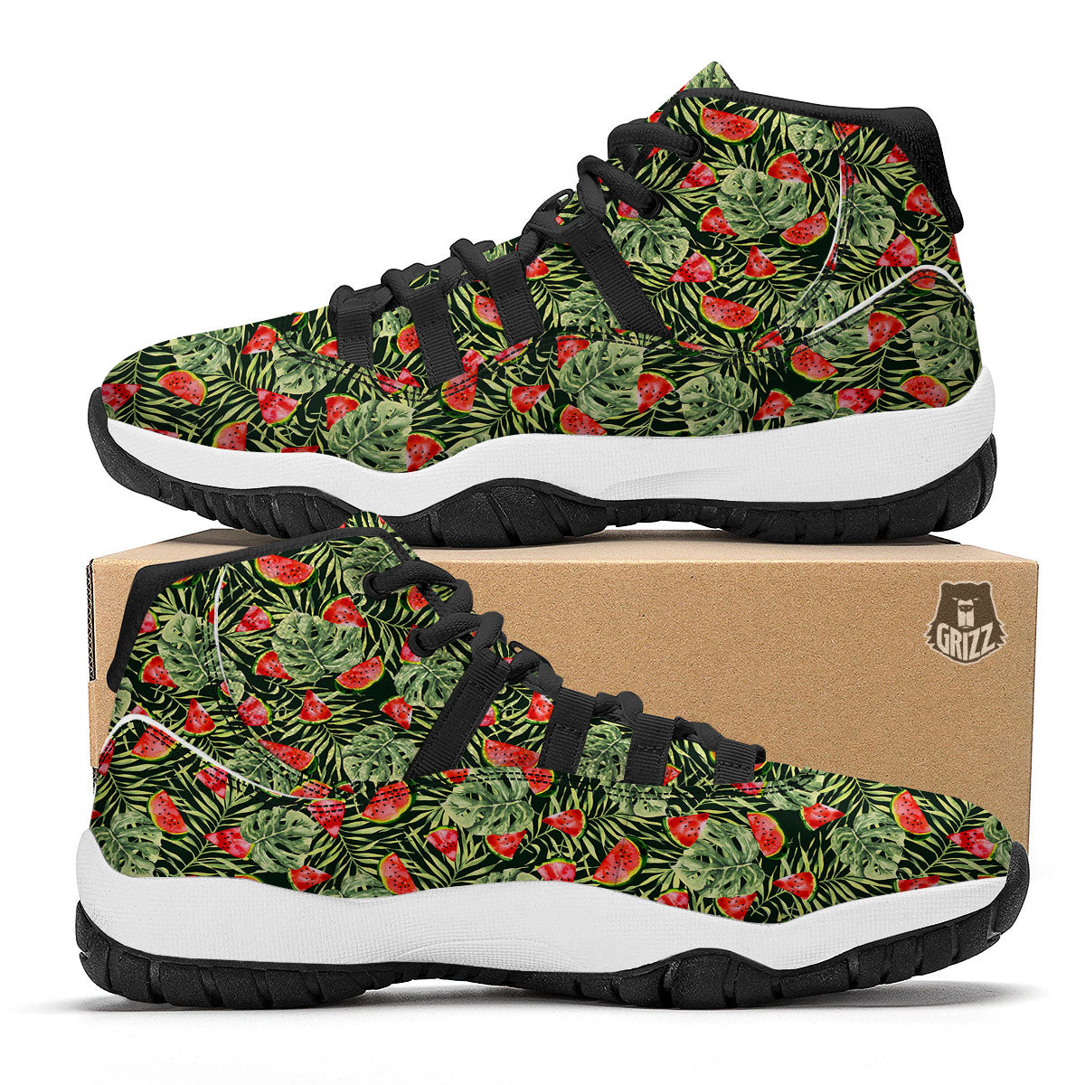 Leaf Palm Watermelon Black Print Pattern Black Bball Shoes-grizzshop