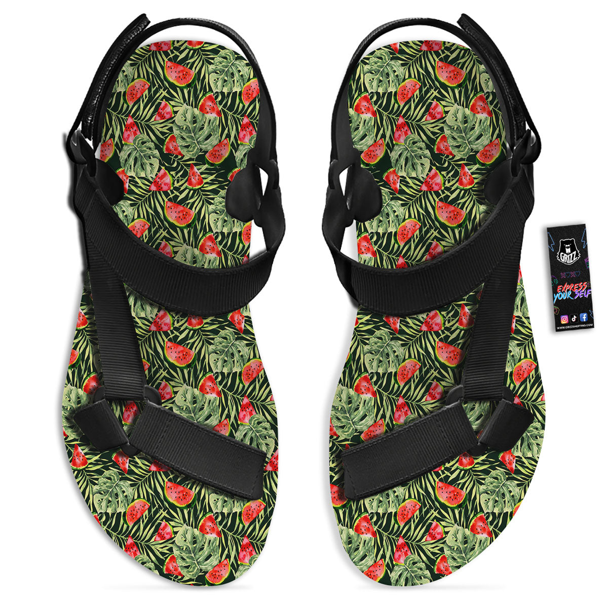 Leaf Palm Watermelon Black Print Pattern Black Open Toe Sandals-grizzshop