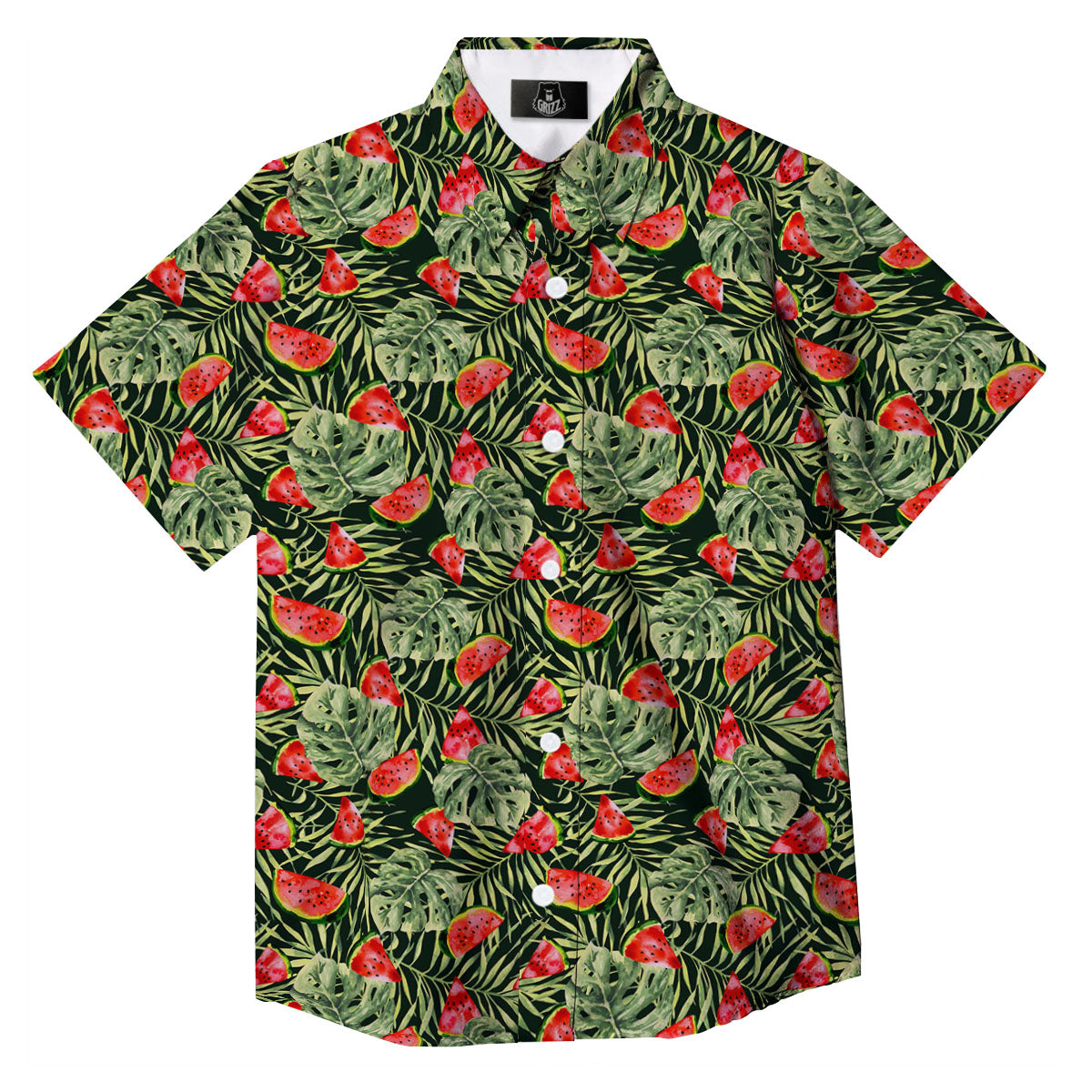 Leaf Palm Watermelon Black Print Pattern Button Up Shirt-grizzshop