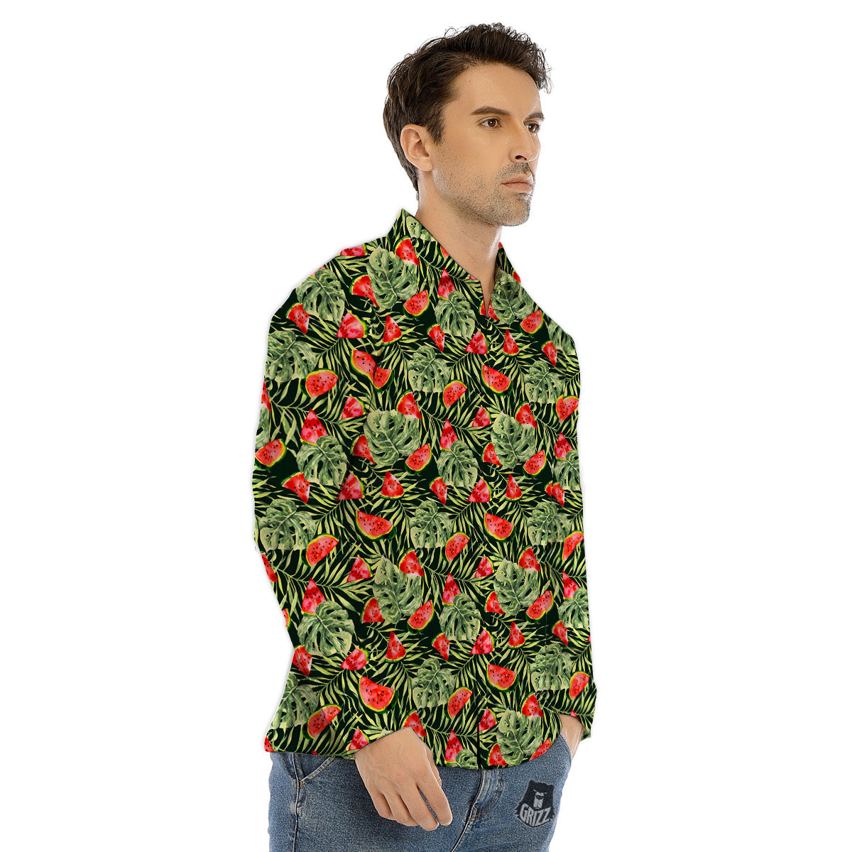Leaf Palm Watermelon Black Print Pattern Men's Dress Shirts-grizzshop