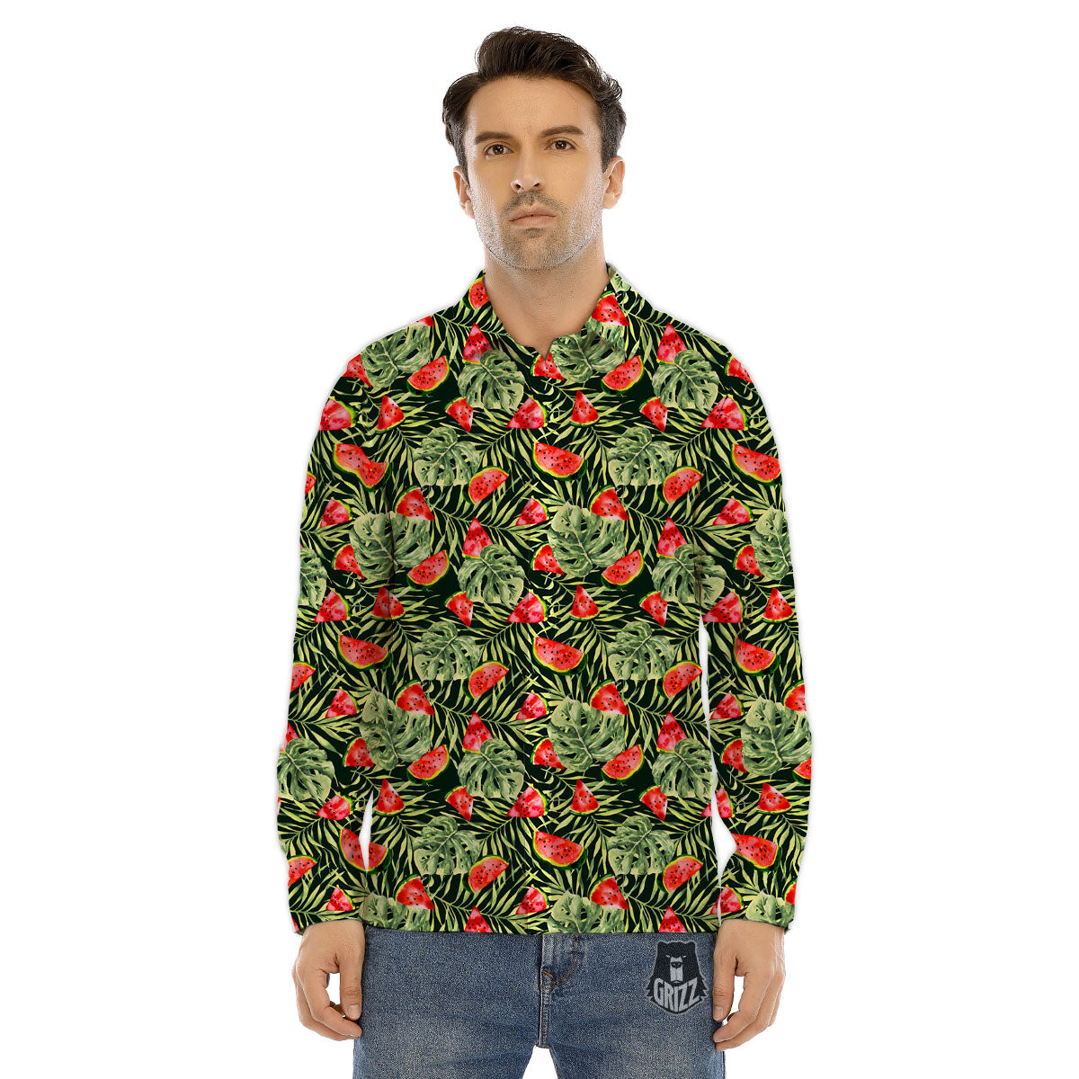 Leaf Palm Watermelon Black Print Pattern Men's Dress Shirts-grizzshop