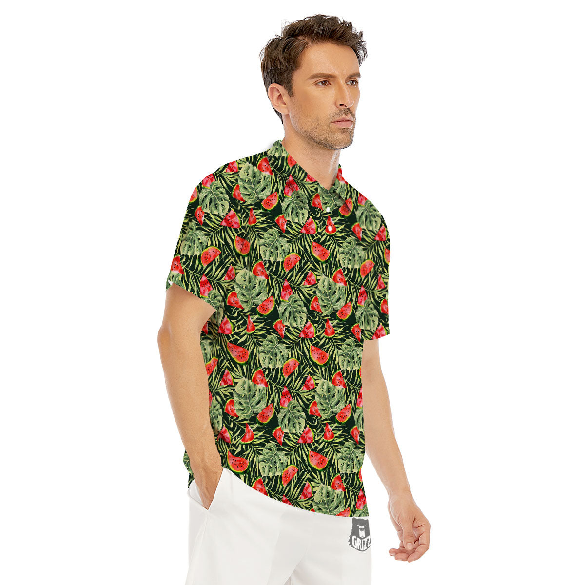 Leaf Palm Watermelon Black Print Pattern Men's Golf Shirts-grizzshop