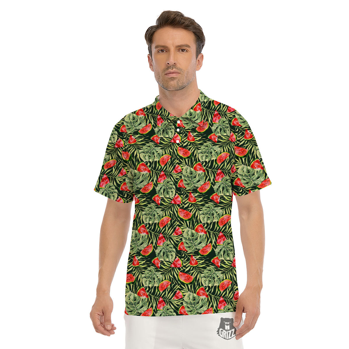 Leaf Palm Watermelon Black Print Pattern Men's Golf Shirts-grizzshop