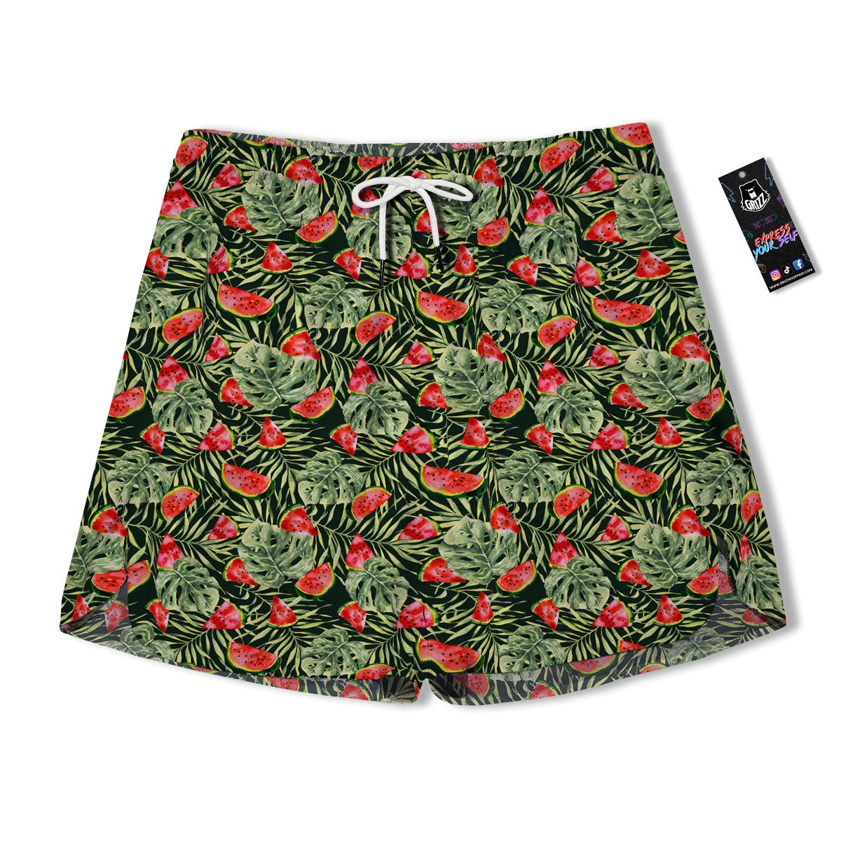 Leaf Palm Watermelon Black Print Pattern Men's Running Shorts-grizzshop