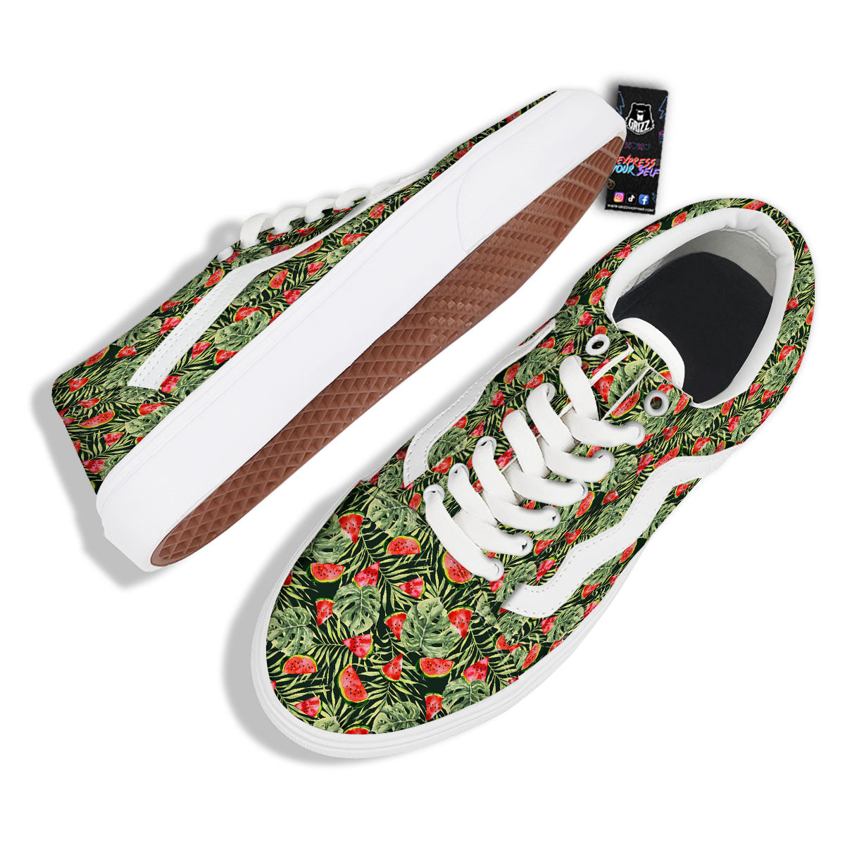 Leaf Palm Watermelon Black Print Pattern Skate Shoes-grizzshop