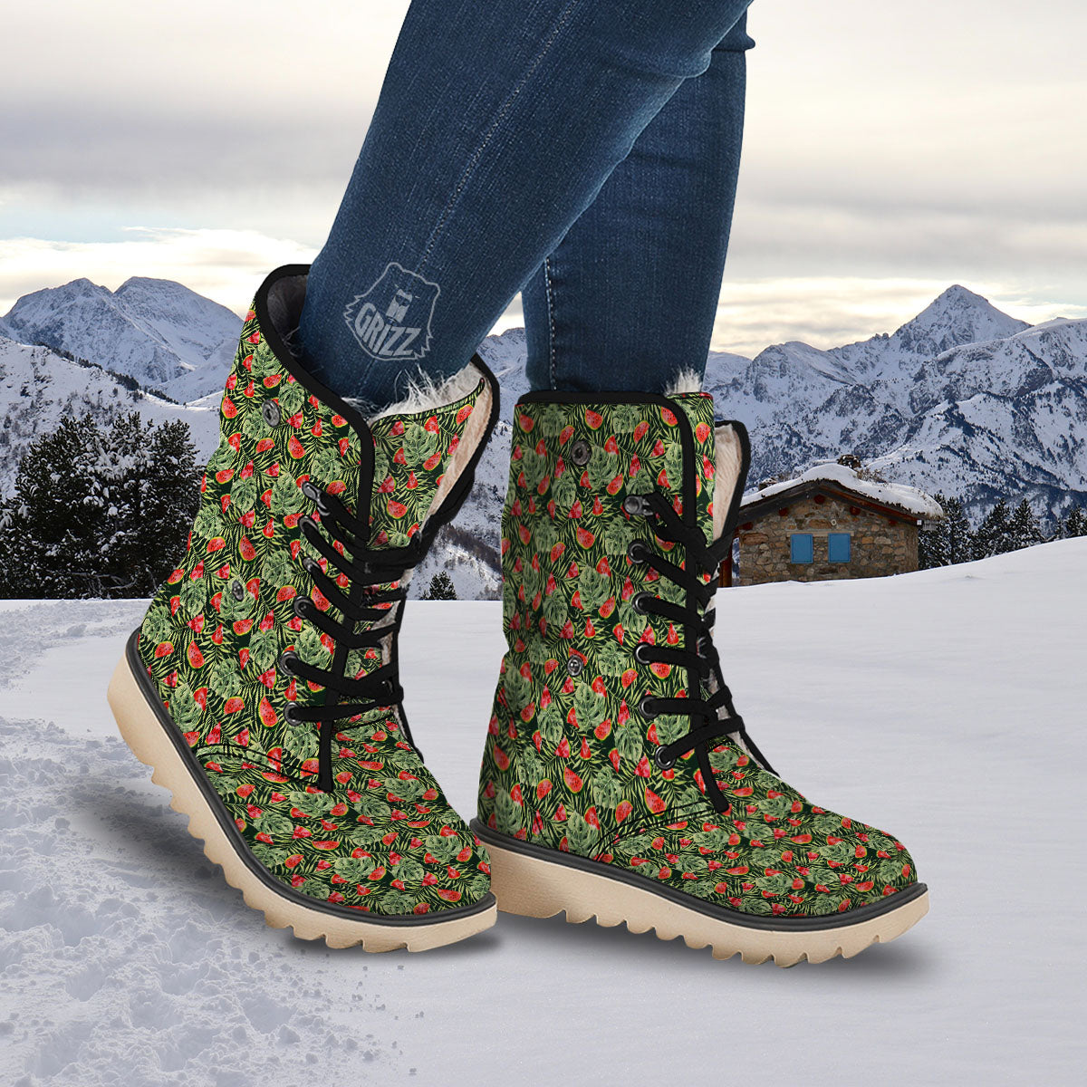 Leaf Palm Watermelon Black Print Pattern Snow Boots-grizzshop