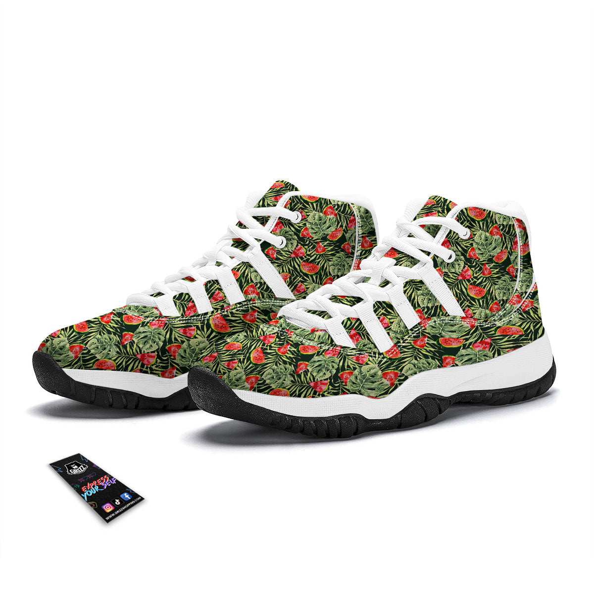 Leaf Palm Watermelon Black Print Pattern White Bball Shoes-grizzshop