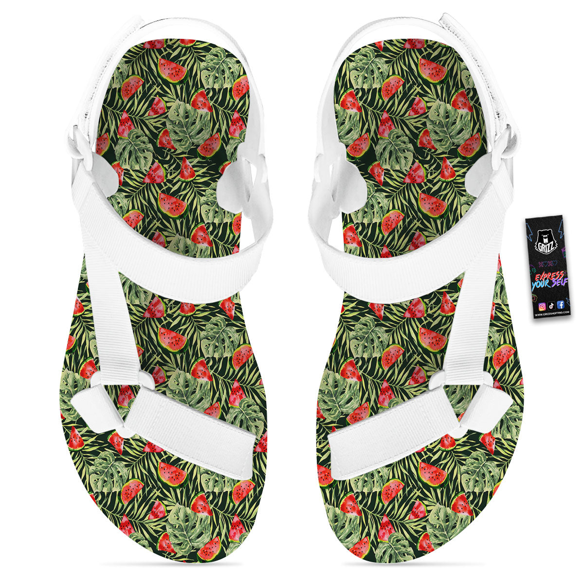 Leaf Palm Watermelon Black Print Pattern White Open Toe Sandals-grizzshop