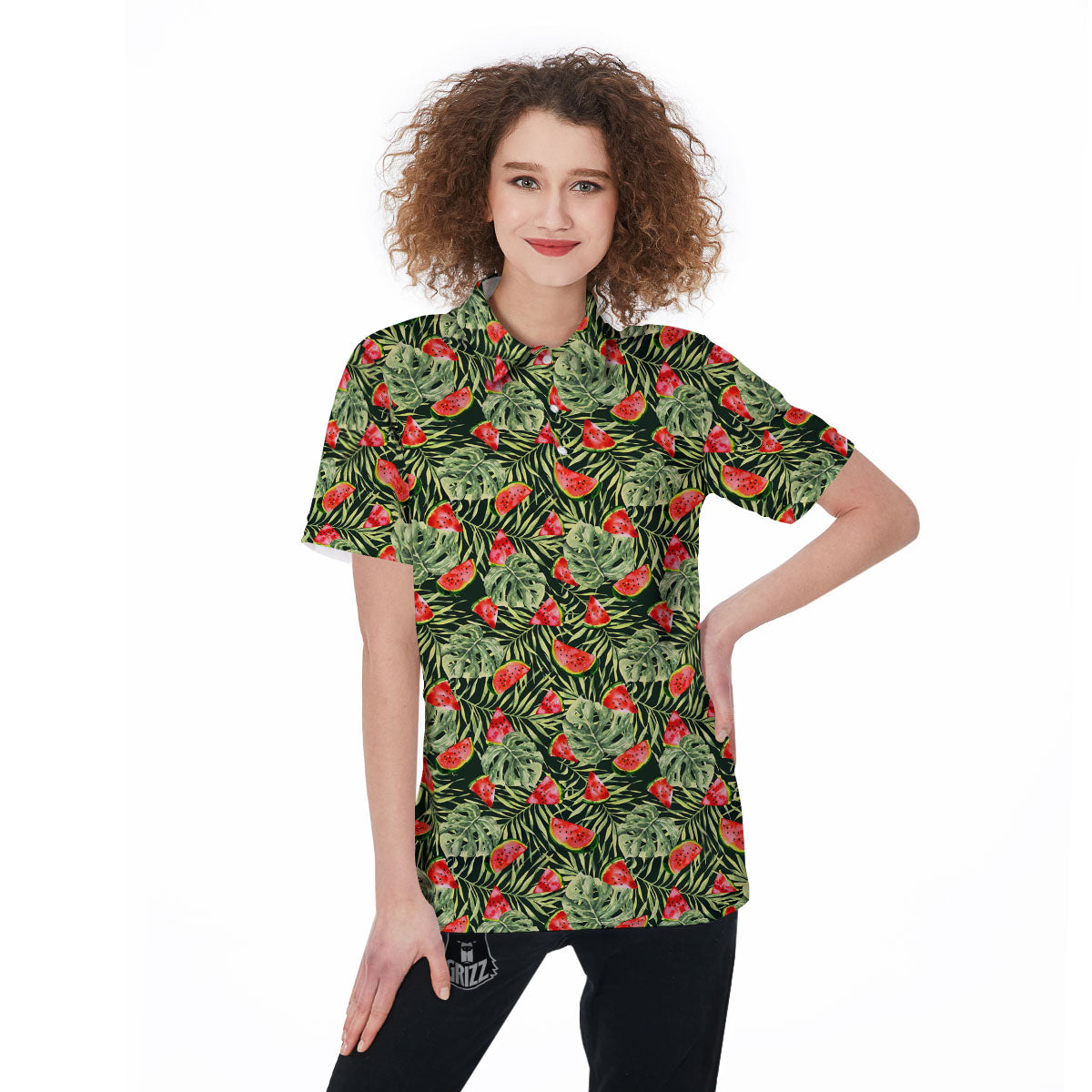 Leaf Palm Watermelon Black Print Pattern Women's Golf Shirts-grizzshop