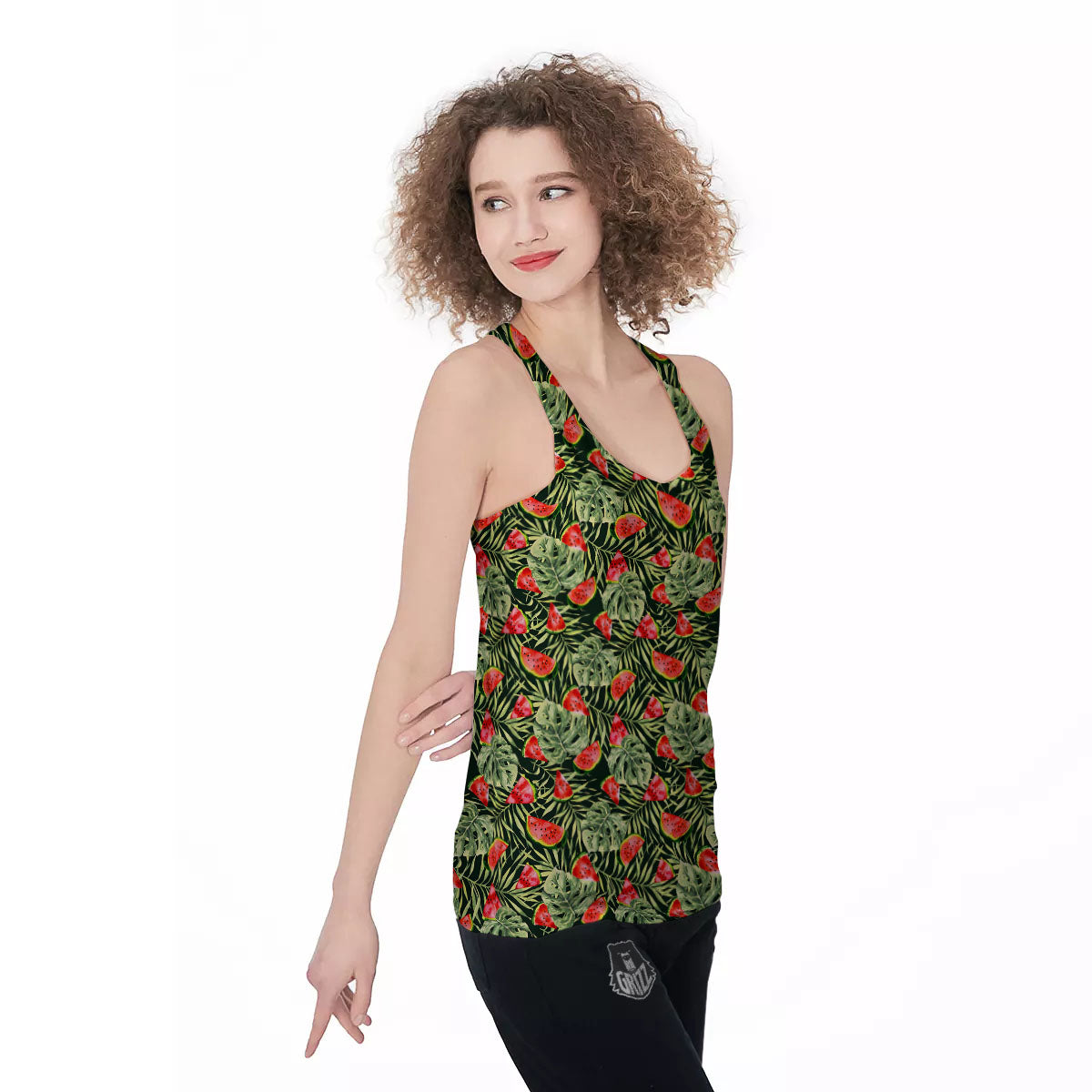 Leaf Palm Watermelon Black Print Pattern Women's Racerback Tank Top-grizzshop