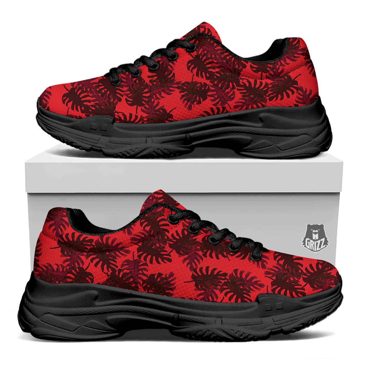 Leaf Red Print Pattern Black Chunky Shoes-grizzshop