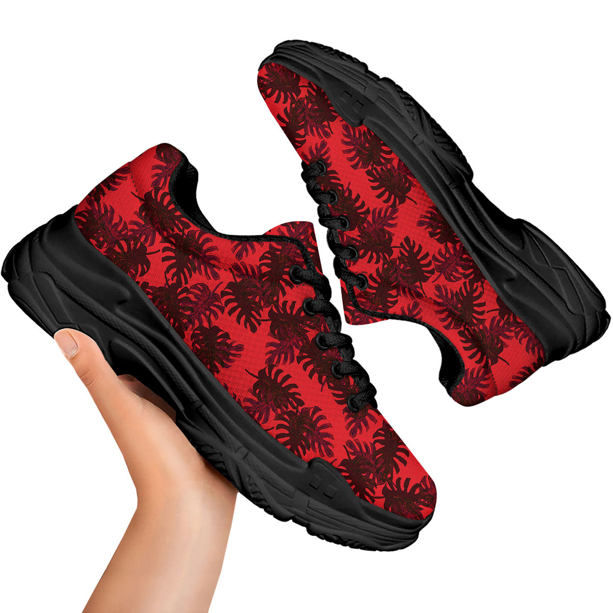 Leaf Red Print Pattern Black Chunky Shoes-grizzshop