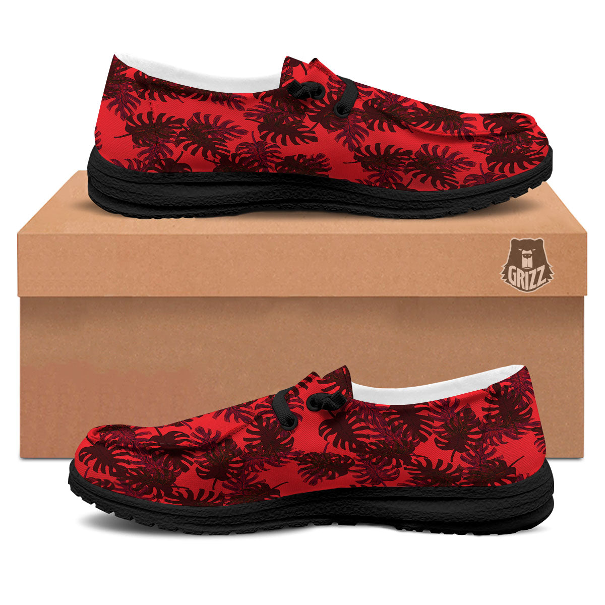 Leaf Red Print Pattern Black Loafers-grizzshop
