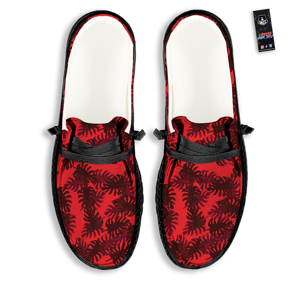 Leaf Red Print Pattern Black Loafers-grizzshop