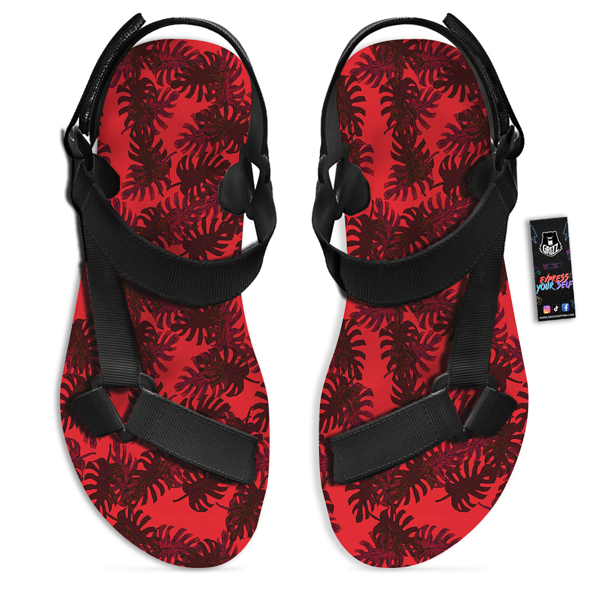Leaf Red Print Pattern Black Open Toe Sandals-grizzshop