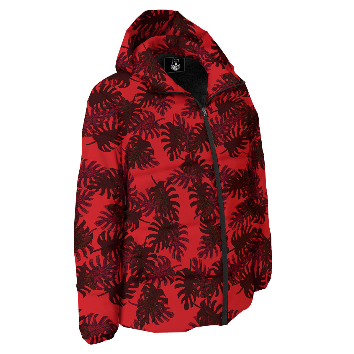 Leaf Red Print Pattern Down Jacket-grizzshop