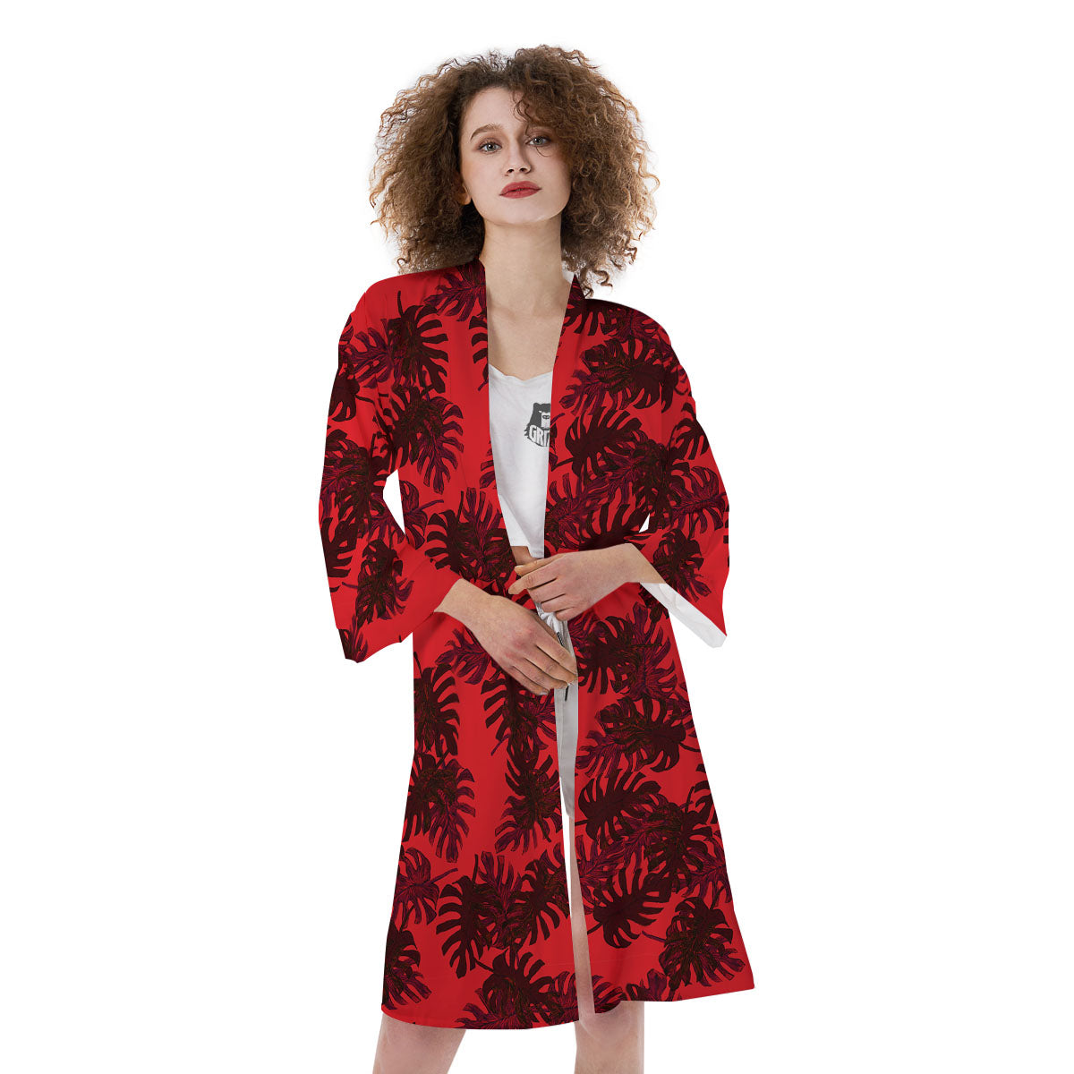 Leaf Red Print Pattern Kimono-grizzshop