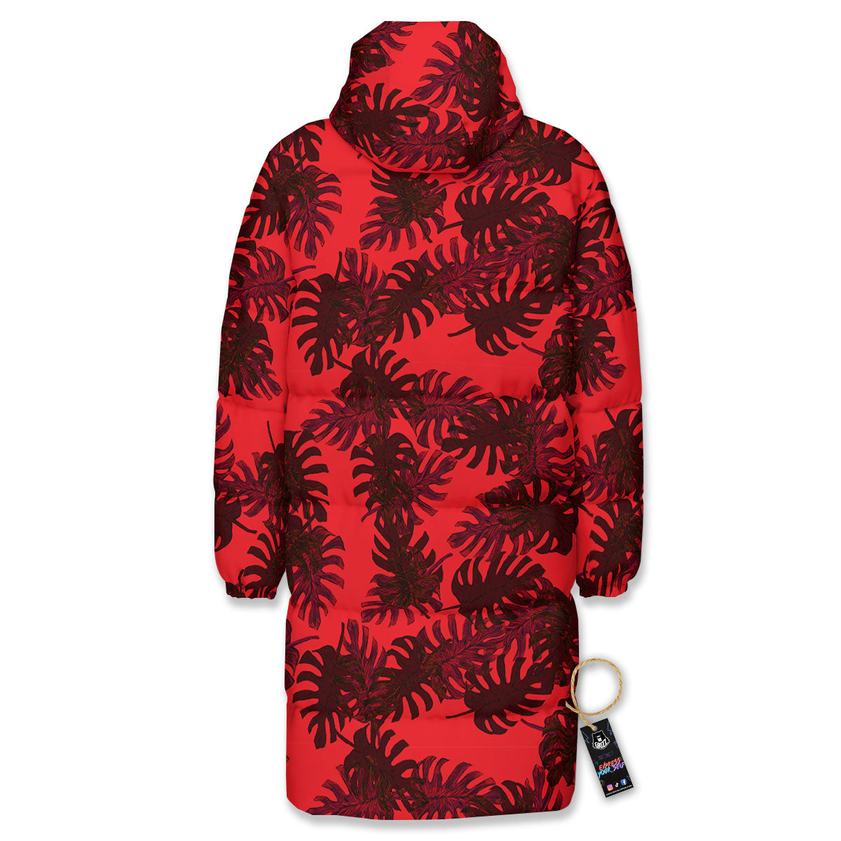Leaf Red Print Pattern Long Down Jacket-grizzshop