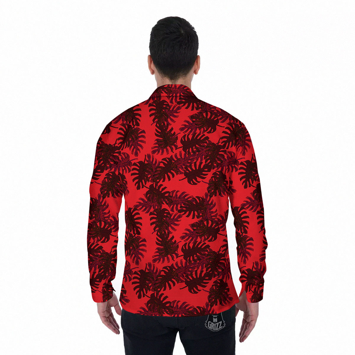 Leaf Red Print Pattern Men's Long Sleeve Shirts-grizzshop