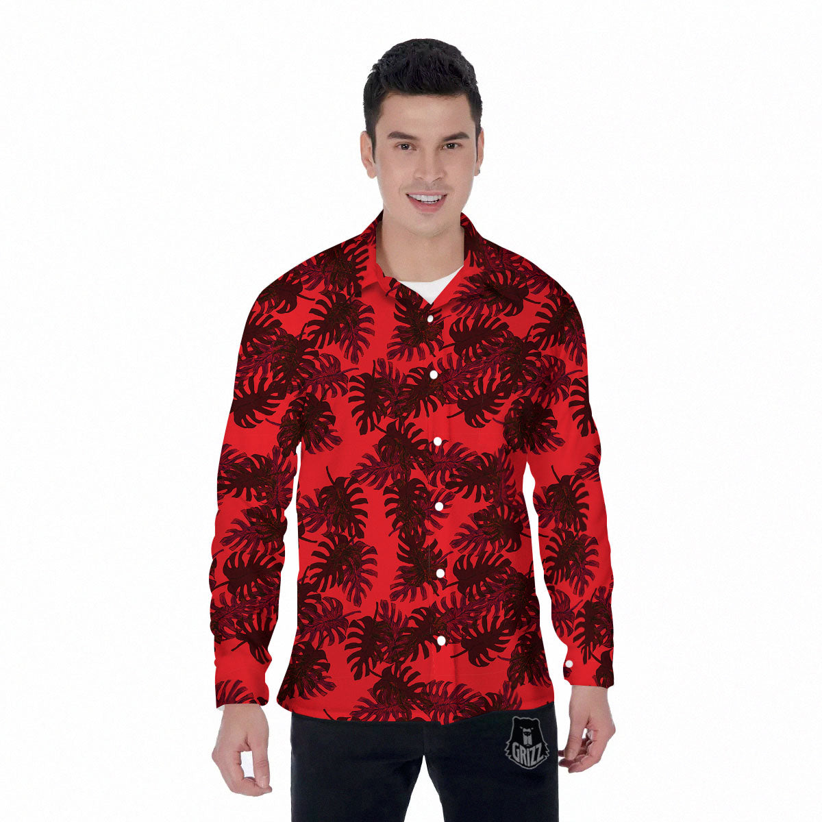 Leaf Red Print Pattern Men's Long Sleeve Shirts-grizzshop