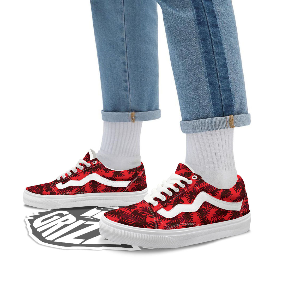Leaf Red Print Pattern Skate Shoes-grizzshop