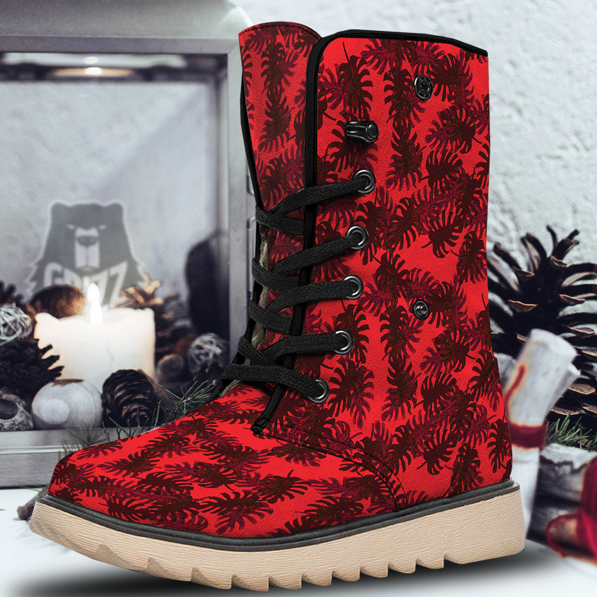 Leaf Red Print Pattern Snow Boots-grizzshop