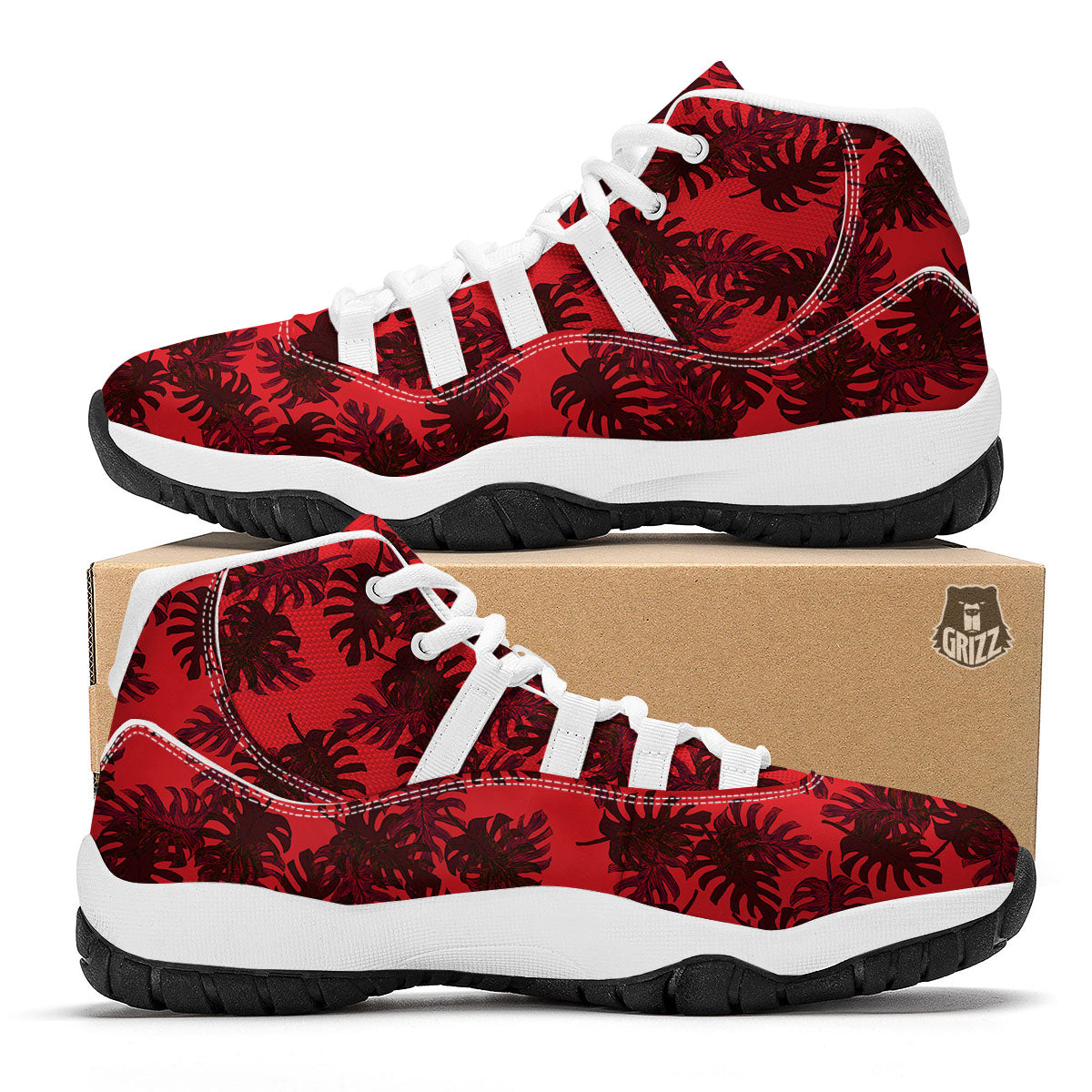Leaf Red Print Pattern White Bball Shoes-grizzshop
