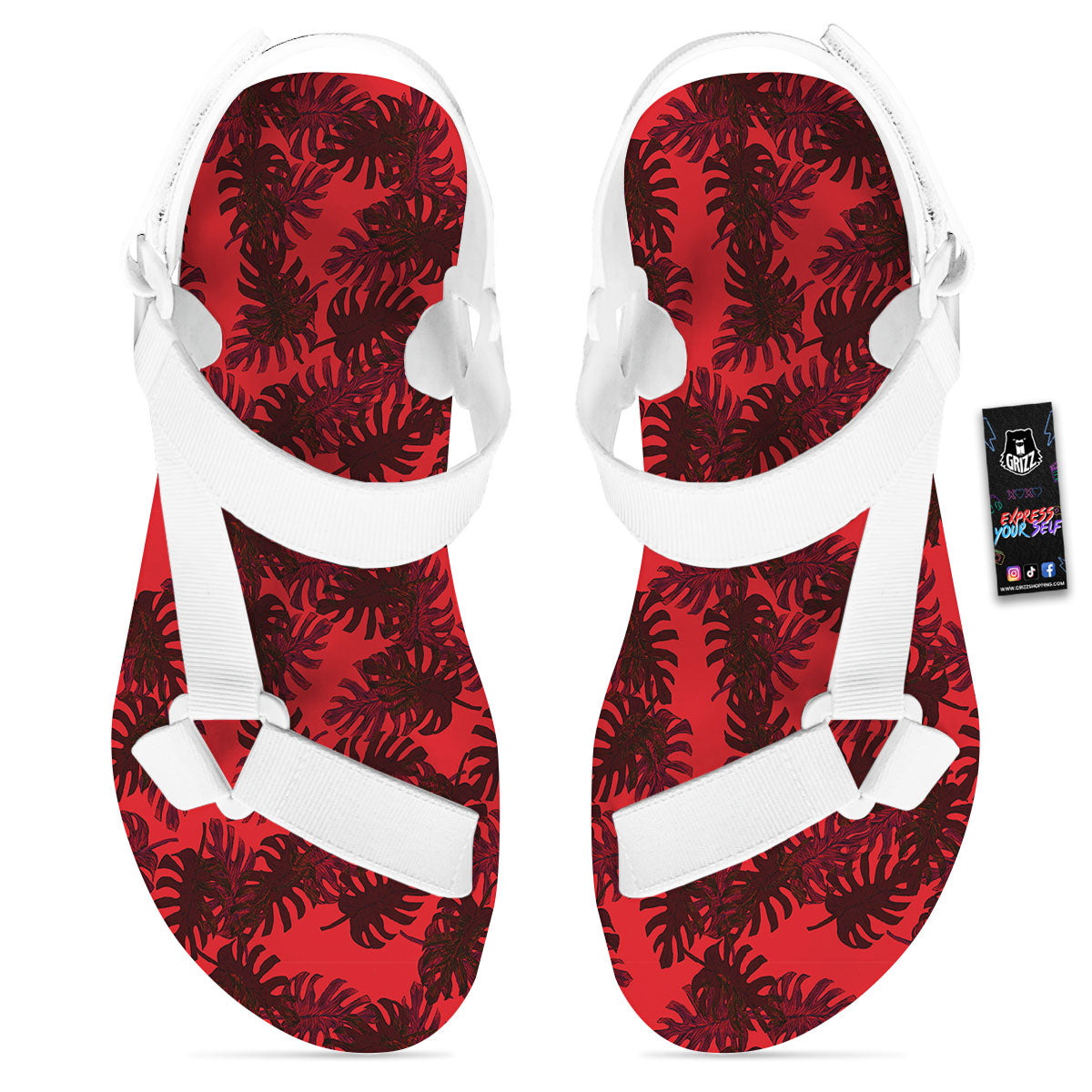 Leaf Red Print Pattern White Open Toe Sandals-grizzshop