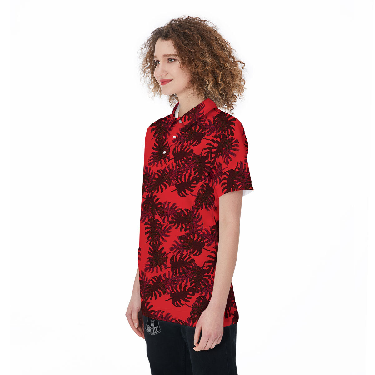 Leaf Red Print Pattern Women's Golf Shirts-grizzshop