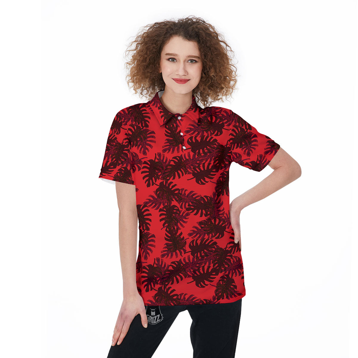 Leaf Red Print Pattern Women's Golf Shirts-grizzshop