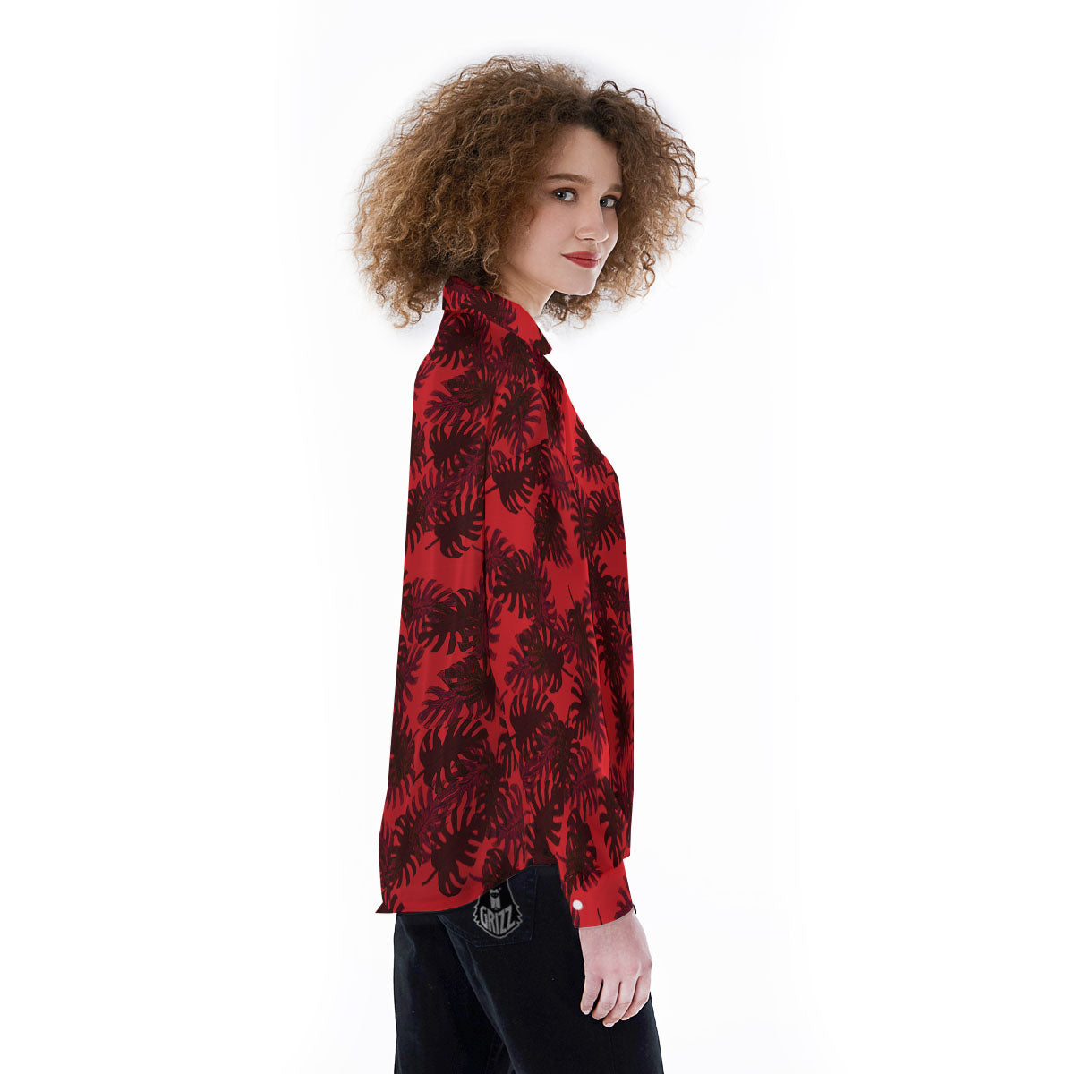 Leaf Red Print Pattern Women's Long Sleeve Shirts-grizzshop