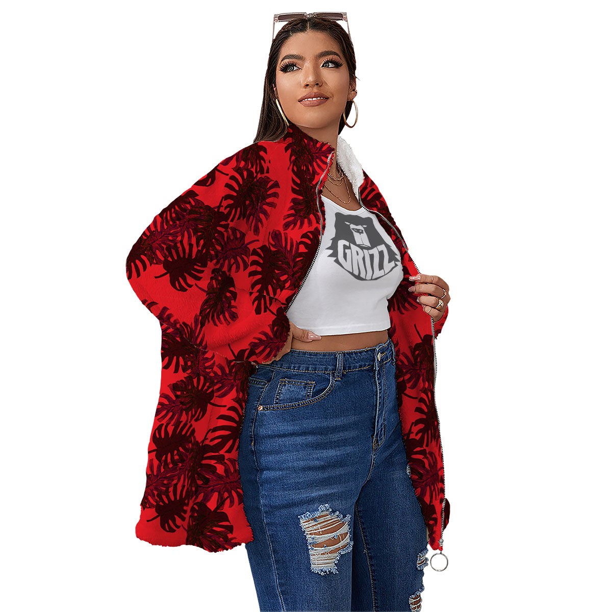 Leaf Red Print Pattern Women's Sherpa Jacket-grizzshop