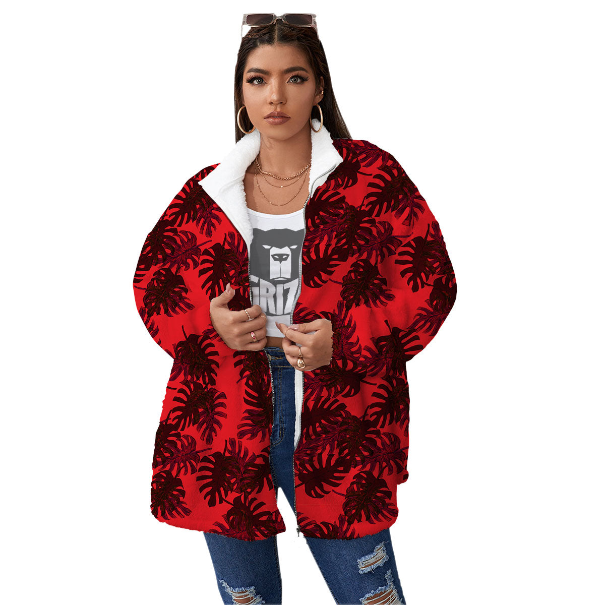 Leaf Red Print Pattern Women's Sherpa Jacket-grizzshop