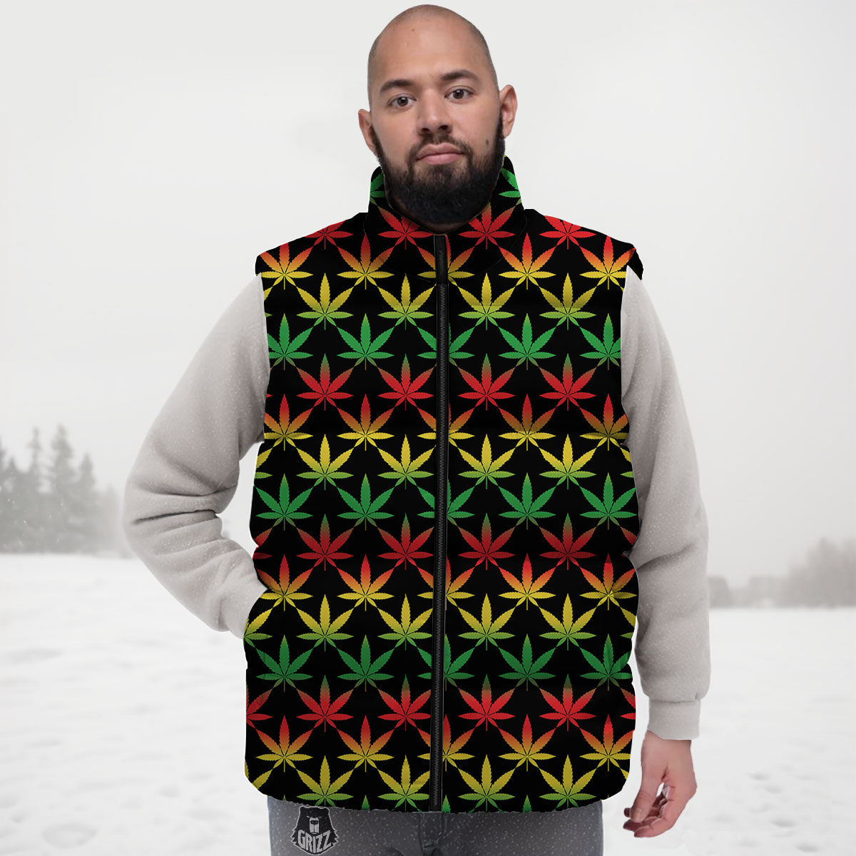 Leaf Reggae Marijuana Print Pattern Down Vest-grizzshop