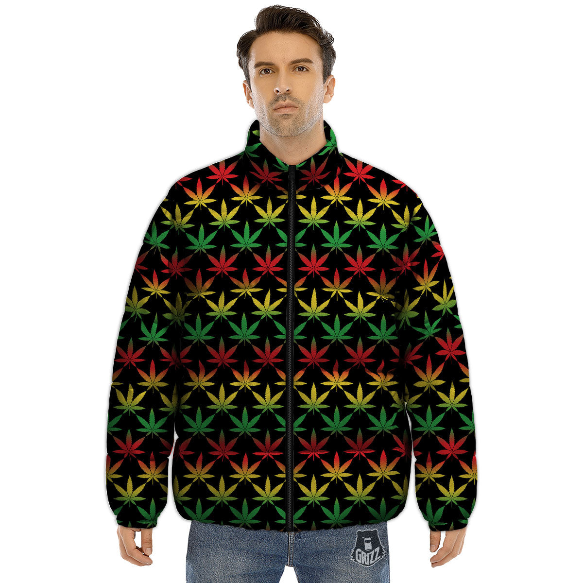Leaf Reggae Marijuana Print Pattern Puffer Jacket-grizzshop