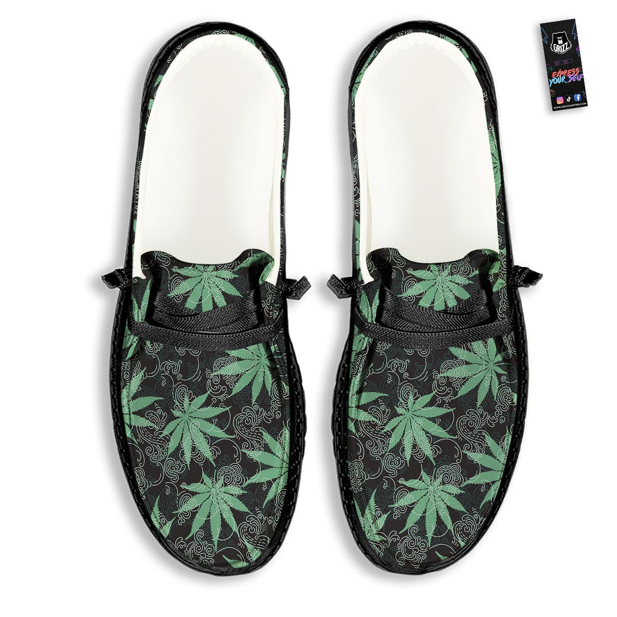 Leaf Swirl Cannabis Print Pattern Black Loafers-grizzshop