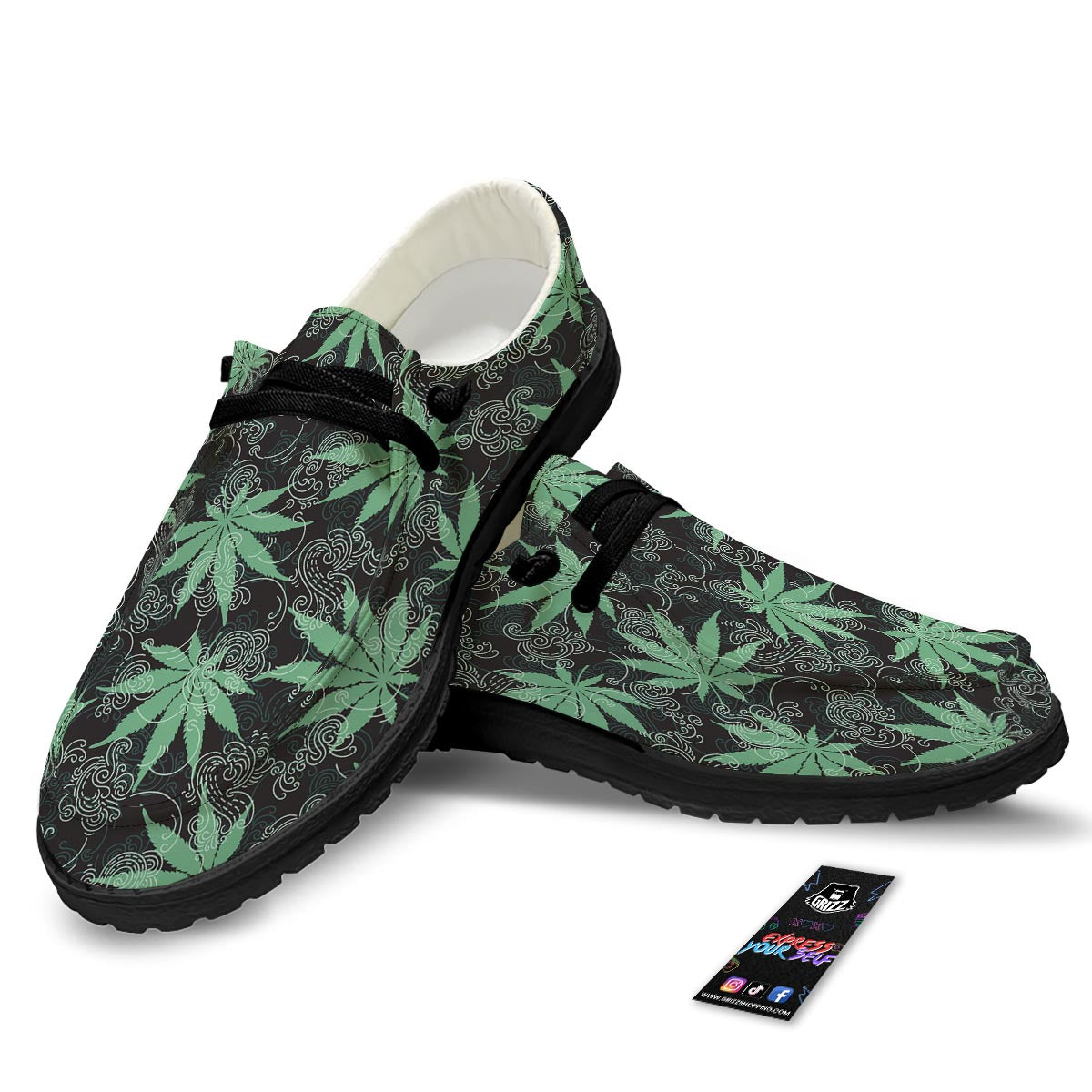 Leaf Swirl Cannabis Print Pattern Black Loafers-grizzshop