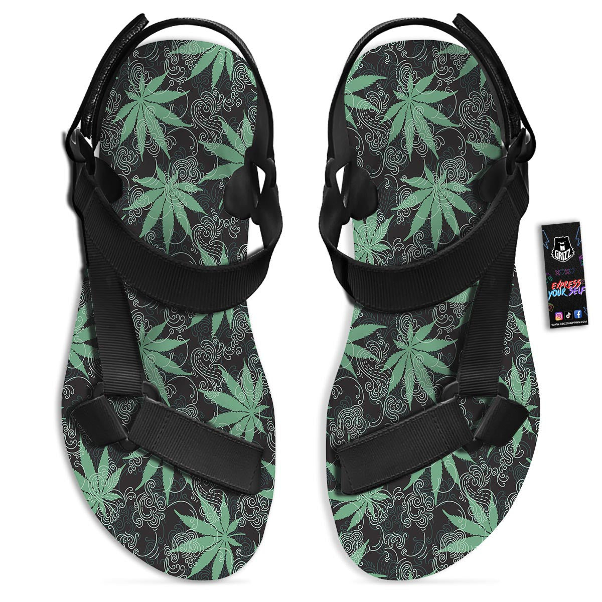Leaf Swirl Cannabis Print Pattern Black Open Toe Sandals-grizzshop