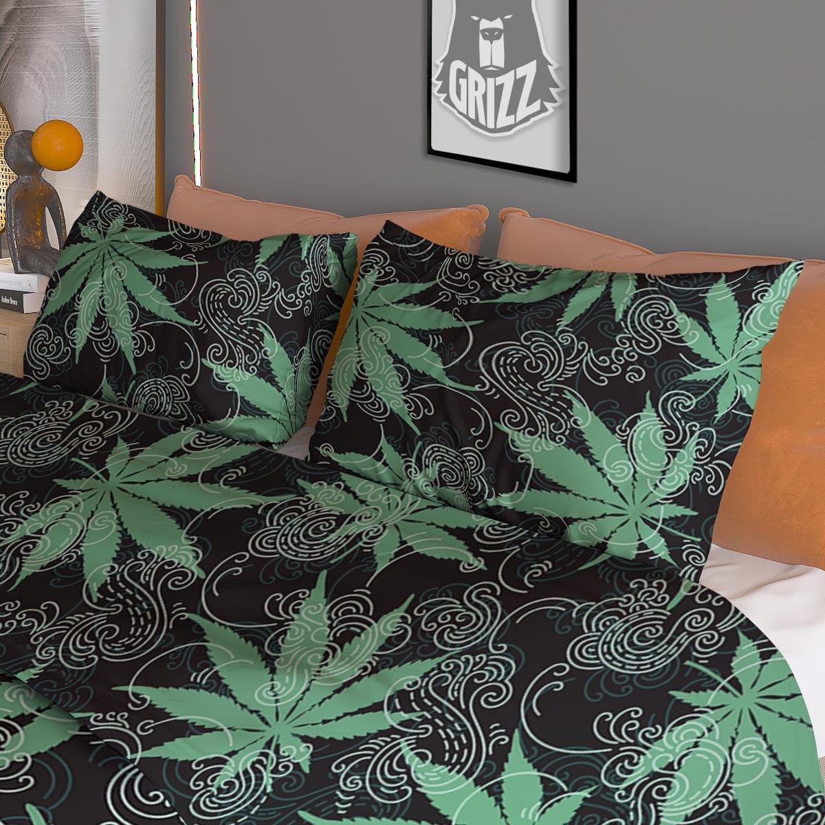 Leaf Swirl Cannabis Print Pattern Duvet Cover Bedding Set