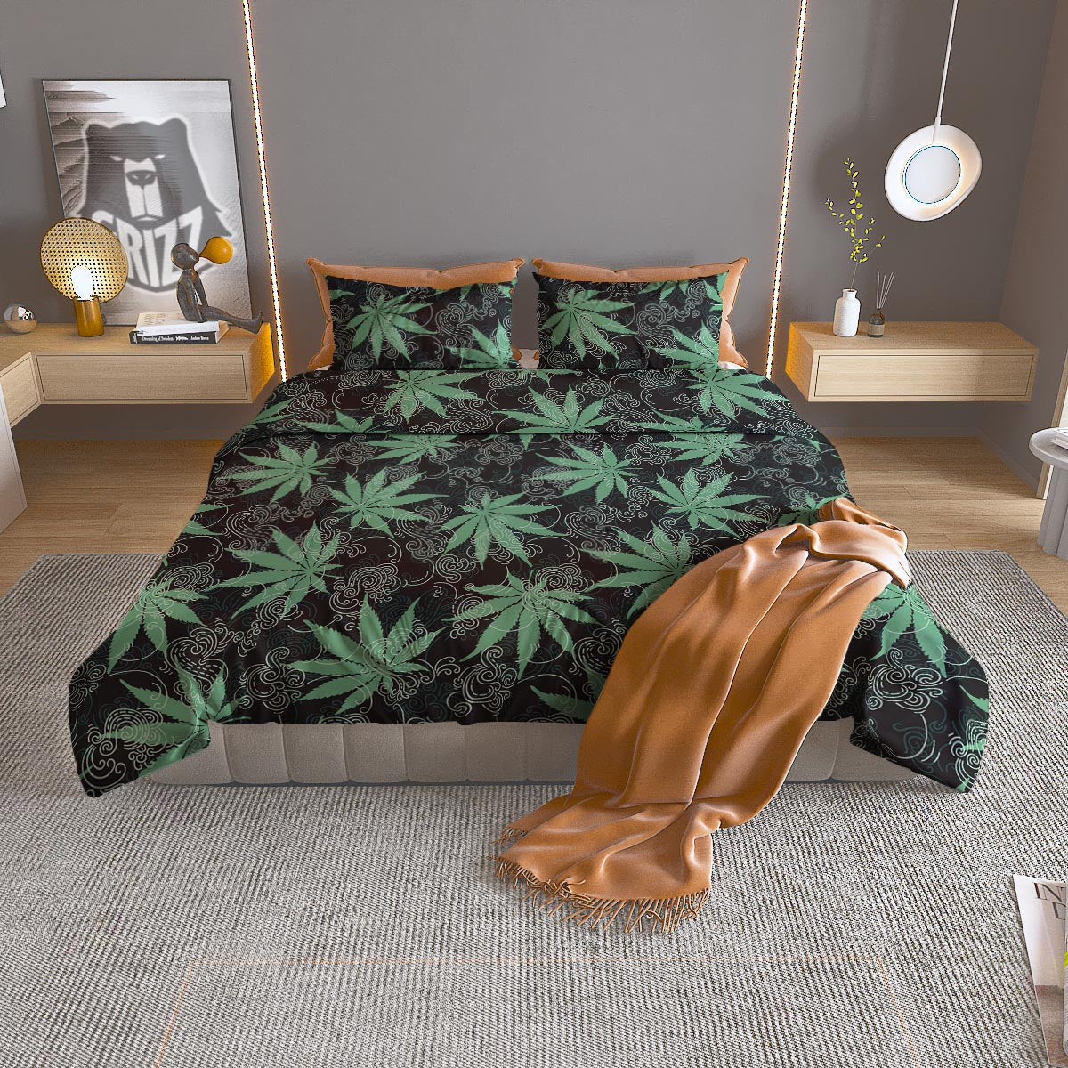 Leaf Swirl Cannabis Print Pattern Duvet Cover Bedding Set