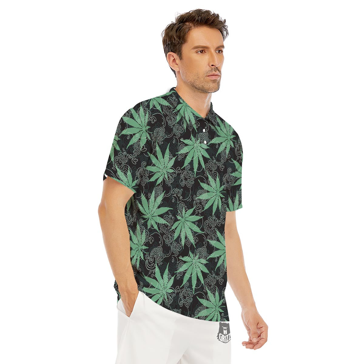 Leaf Swirl Cannabis Print Pattern Men's Golf Shirts-grizzshop