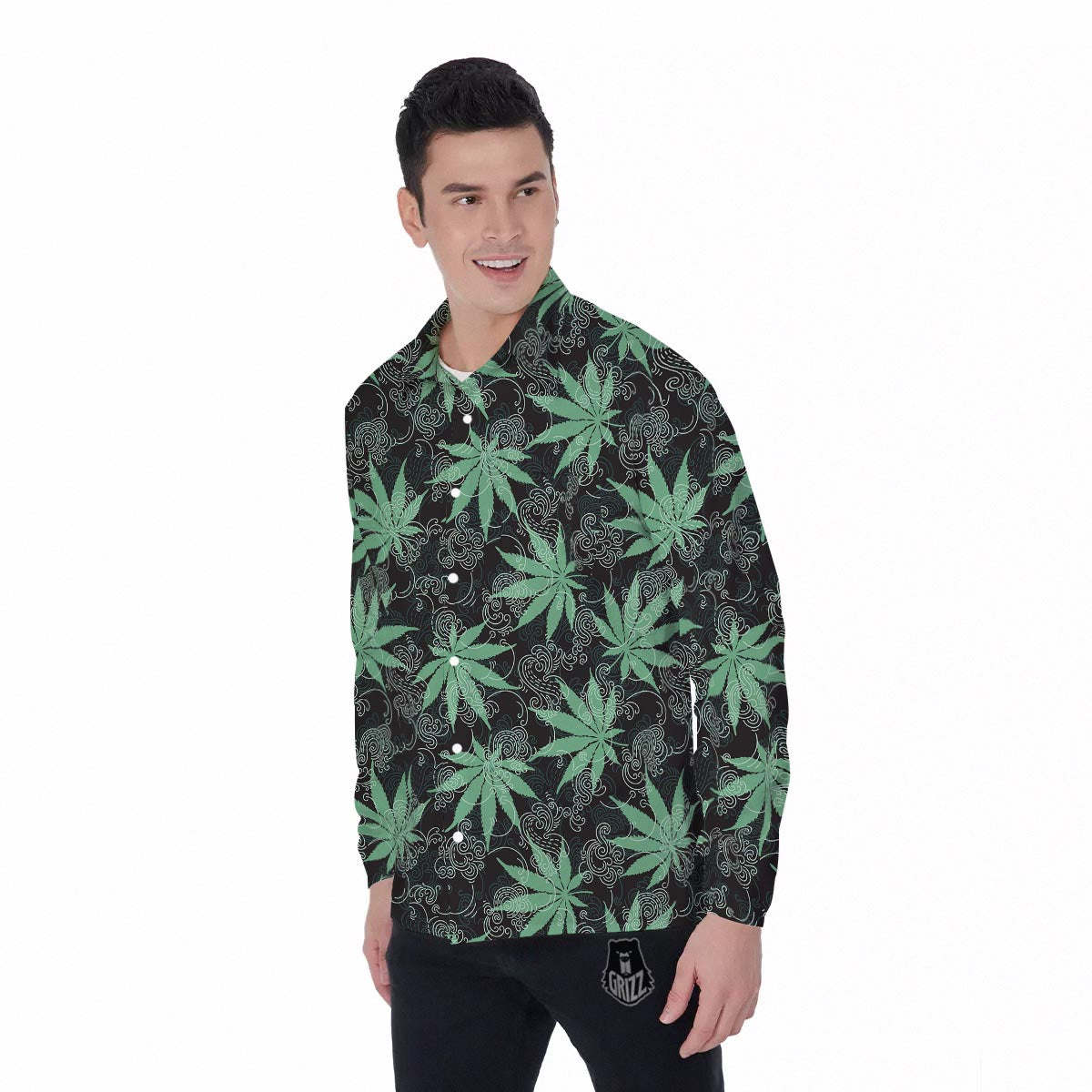 Leaf Swirl Cannabis Print Pattern Men's Long Sleeve Shirts-grizzshop