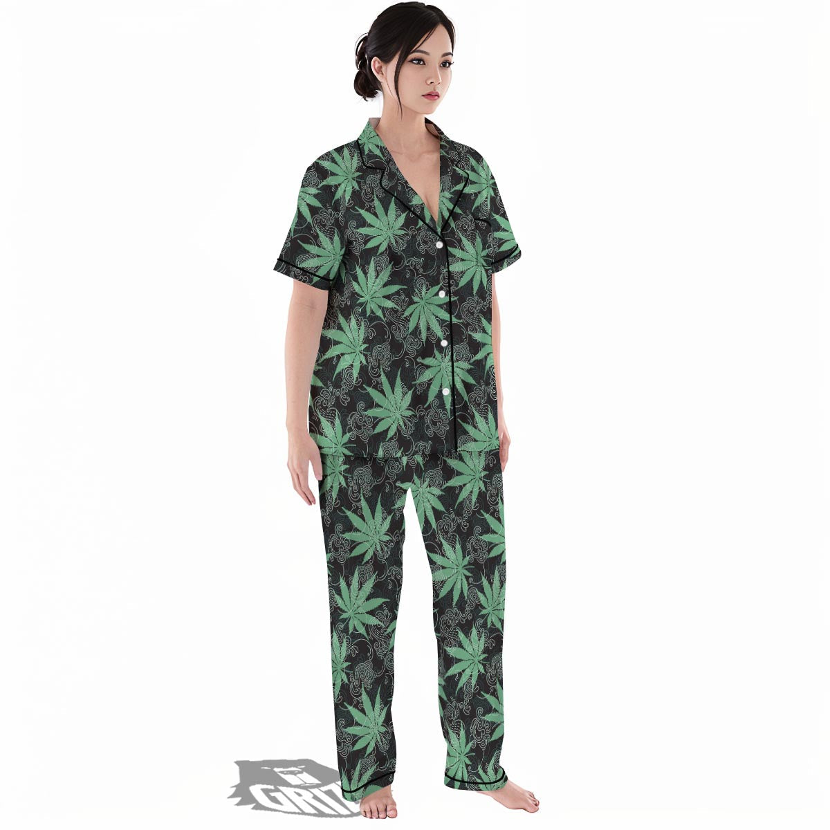 Leaf Swirl Cannabis Print Pattern Women's Pajamas Set-grizzshop
