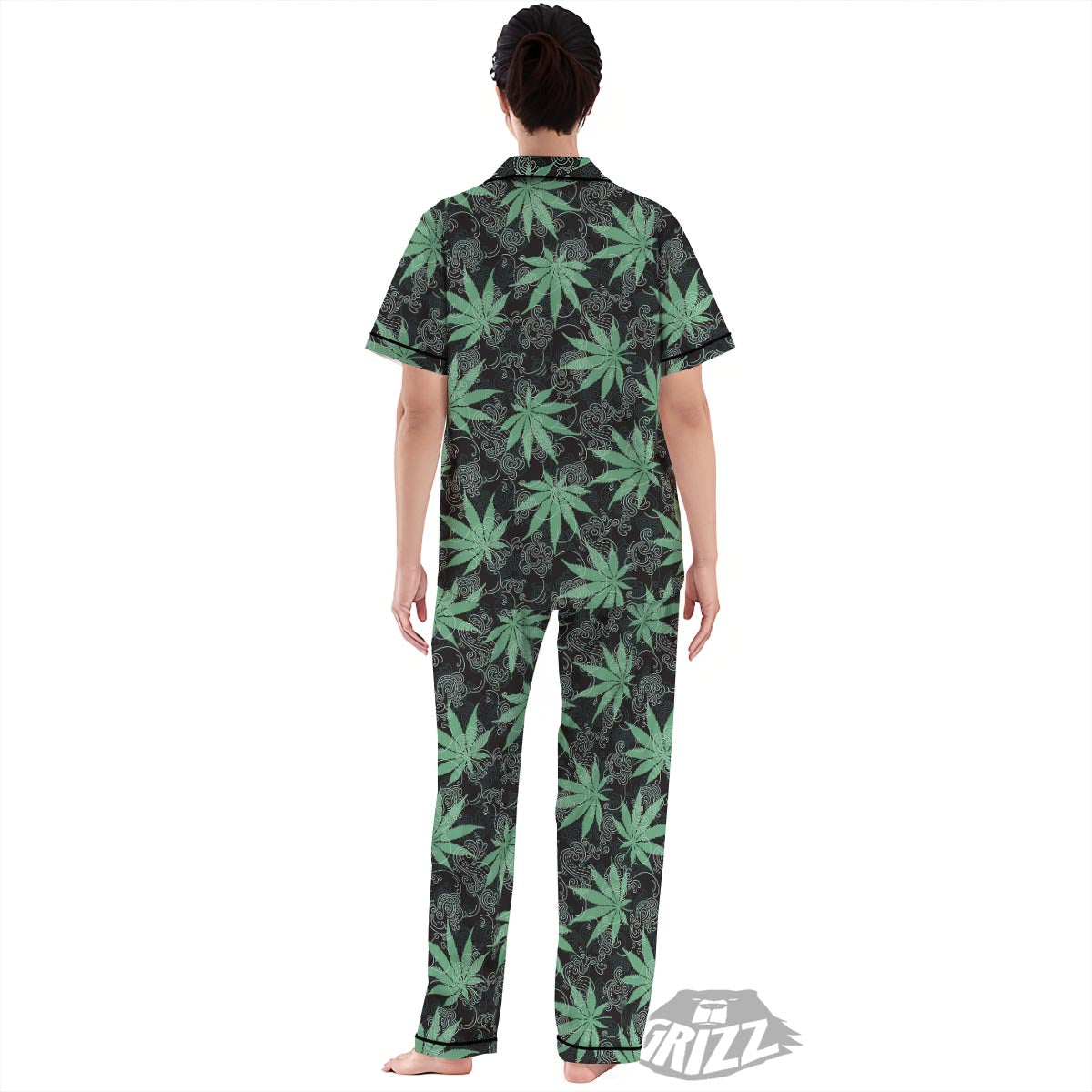 Leaf Swirl Cannabis Print Pattern Women's Pajamas Set-grizzshop